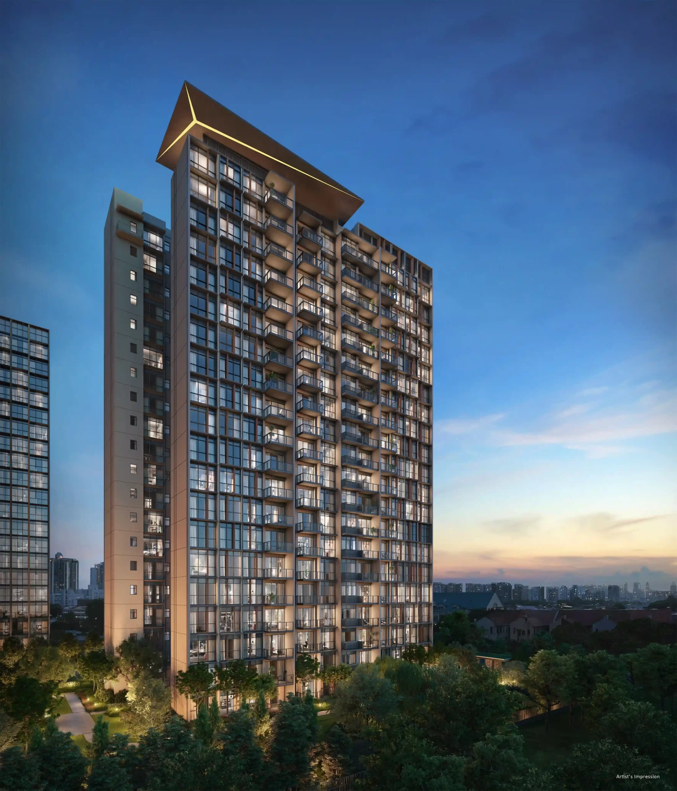 Tembusu Grand Aerial single block night scaled Emerald at Katong Aerial single block night